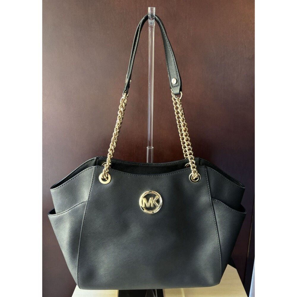 Michael Kors MK Jet Set Saffiano Black Leather Shoulder Tote VINTAGE Bag Large